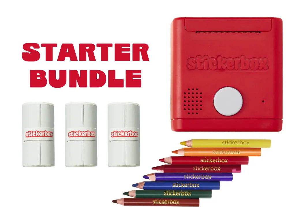 Stickerbox's Starter Bundle, including 1 red stickerbox, 3 white sticker paper rolls, and 8 color pencils.