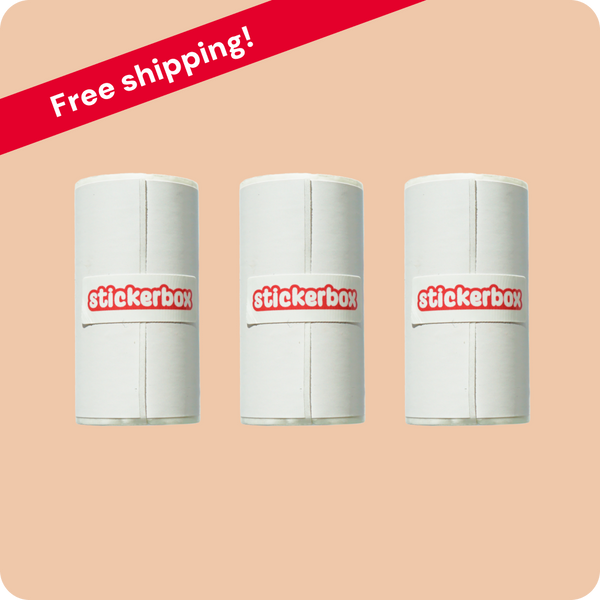 Three rolls Stickerbox paper refills on a light orange background with free shipping text on the top left.